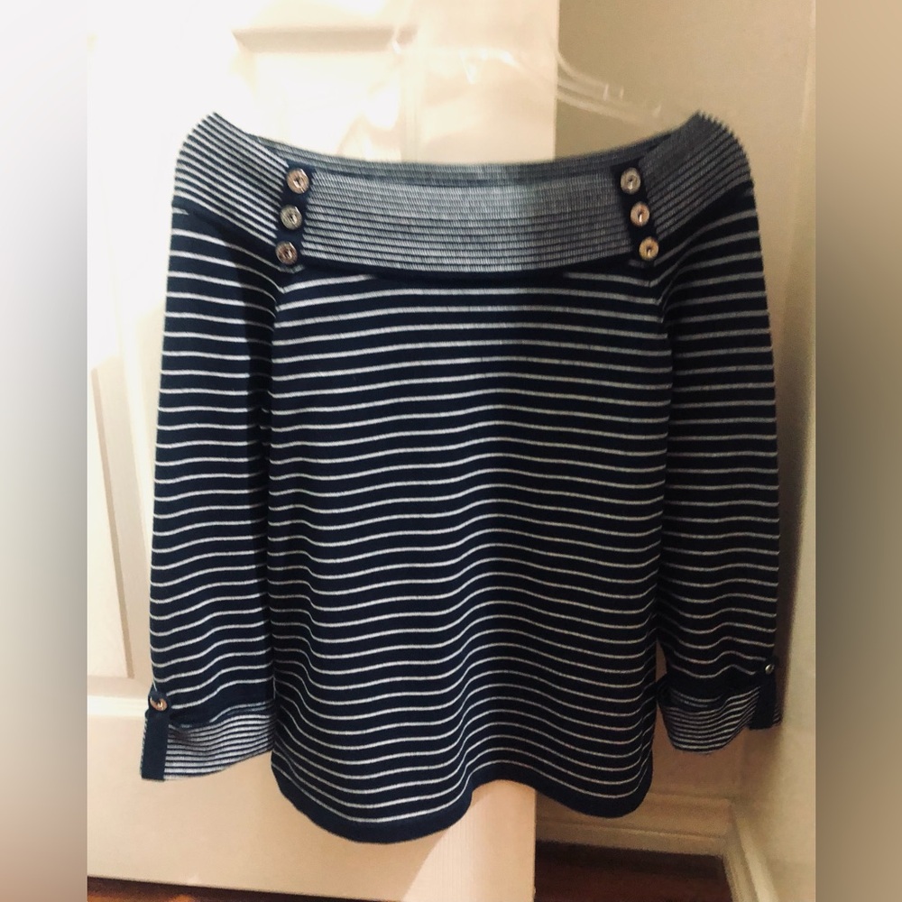 Jones New York Off-Shoulder Navy and White Sweater